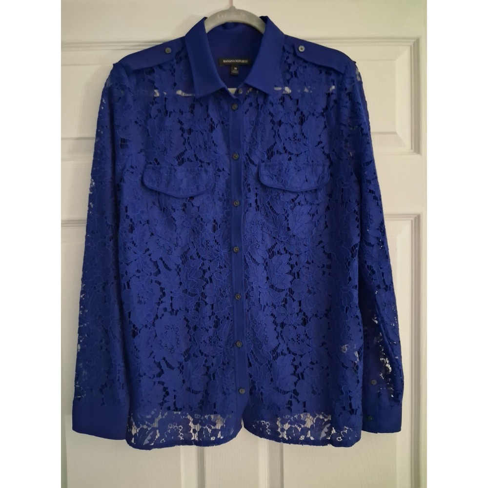 Banana Republic M Cobalt Blue Floral Lace Button Down Blouse Military Sheer - Picture 2 of 12